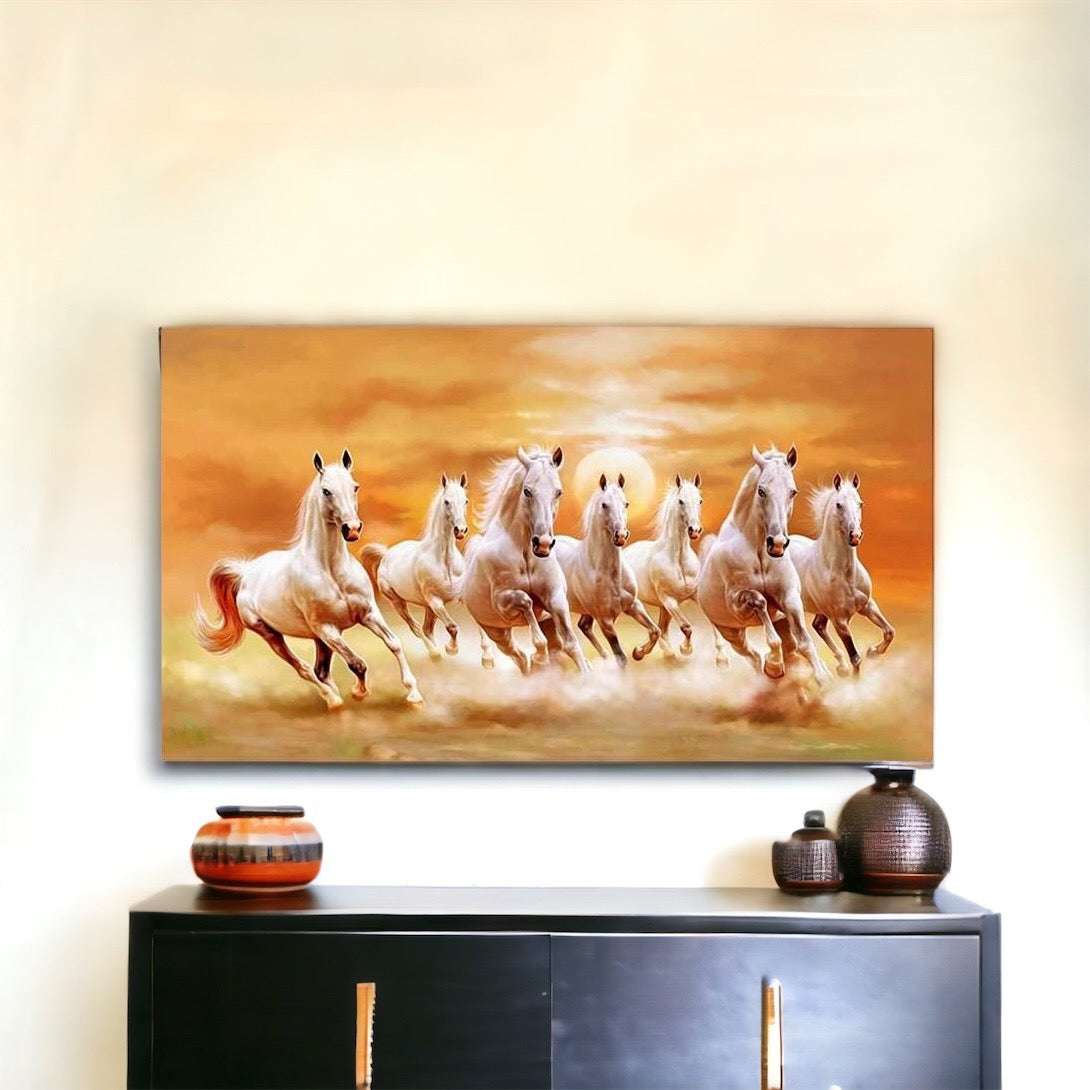 Seven Lucky White Horses Painting Writings On The Wall Canvas Print