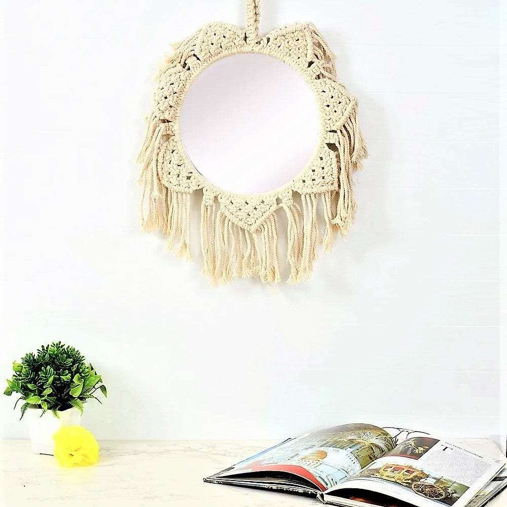 Macrame flower design wall mirror Writings On The Wall Wall Mirror