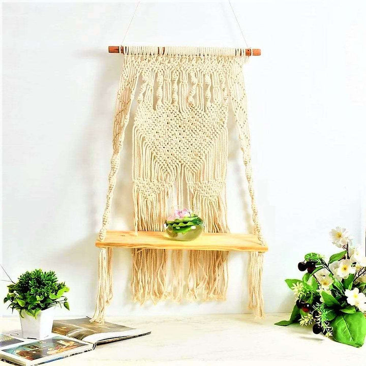 Macrame wall hanging shelf with diamond pattern Writings On The Wall Wall Hanging