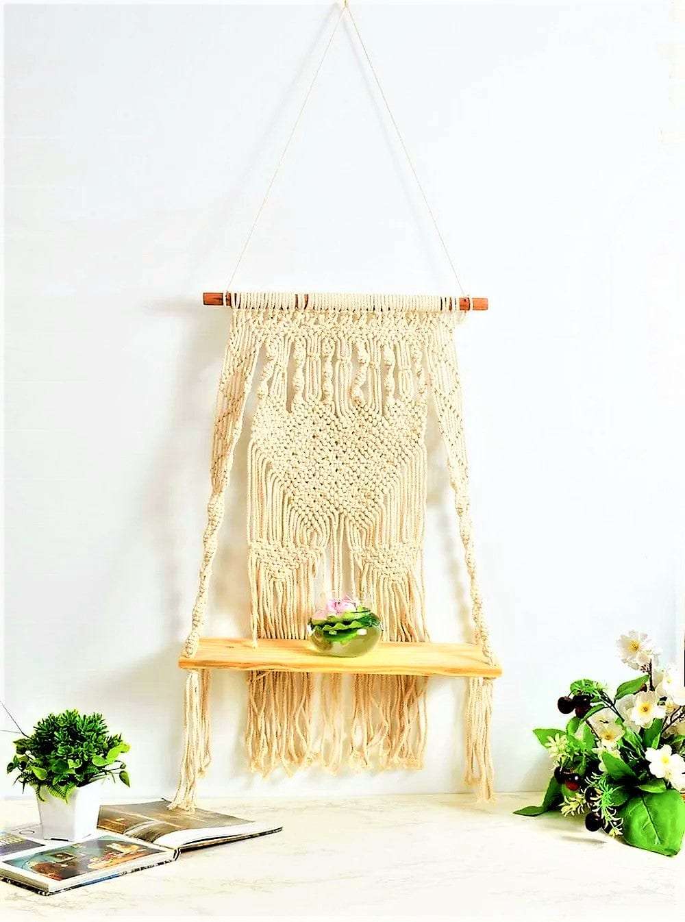 Macrame wall hanging shelf with diamond pattern Writings On The Wall Wall Hanging