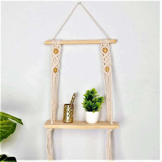 Macrame wall hanging shelf with open back chain pattern Writings On The Wall Wall Hanging