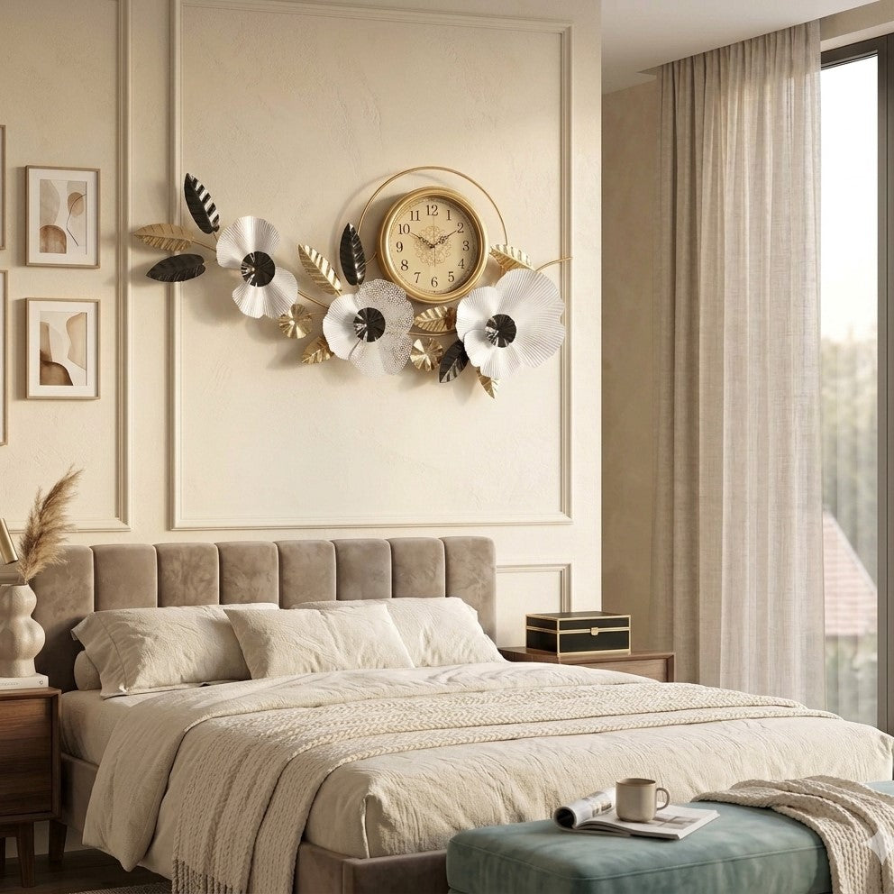 Modern 3D Flower and Leaf Decorative Wall Clock by writings on the wall