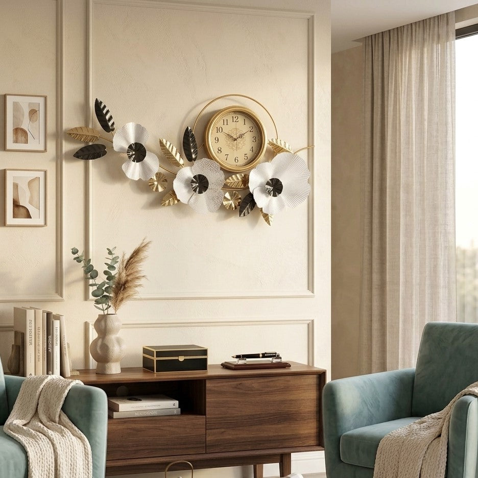 Modern 3D Flower and Leaf Decorative Wall Clock by writings on the wall
