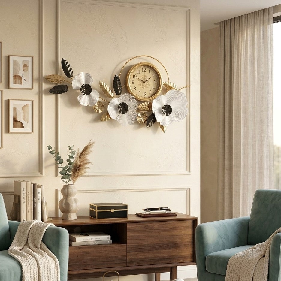 Modern 3D Flower and Leaf Decorative Wall Clock by writings on the wall