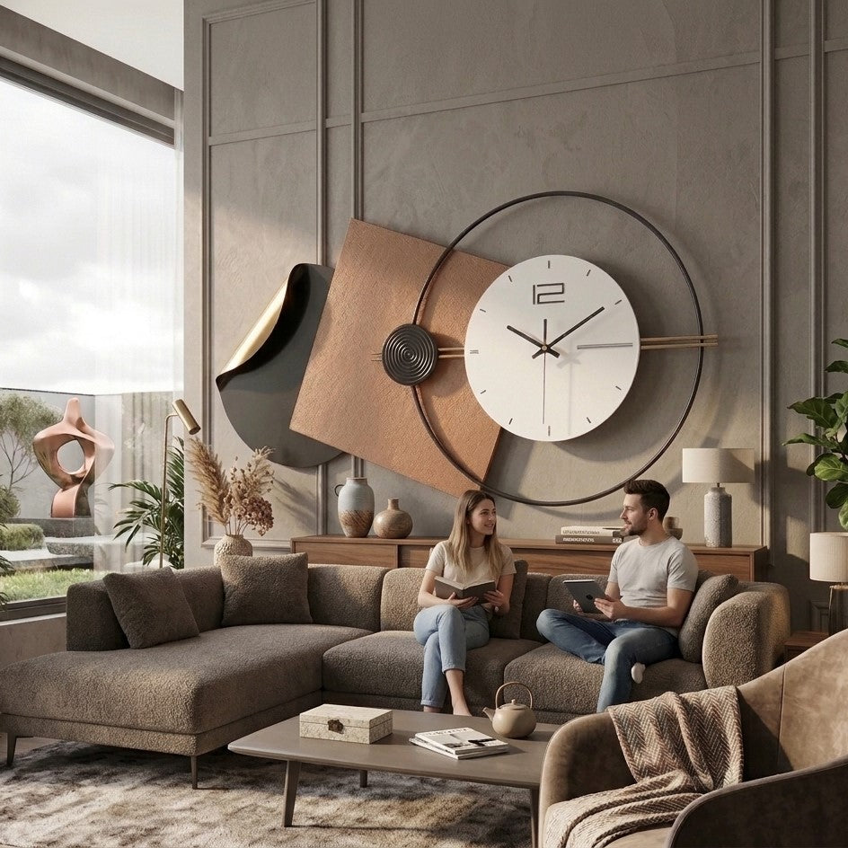 Modern Abstract Geometric Wall Clock with Metal Hoop by writings on the wall
