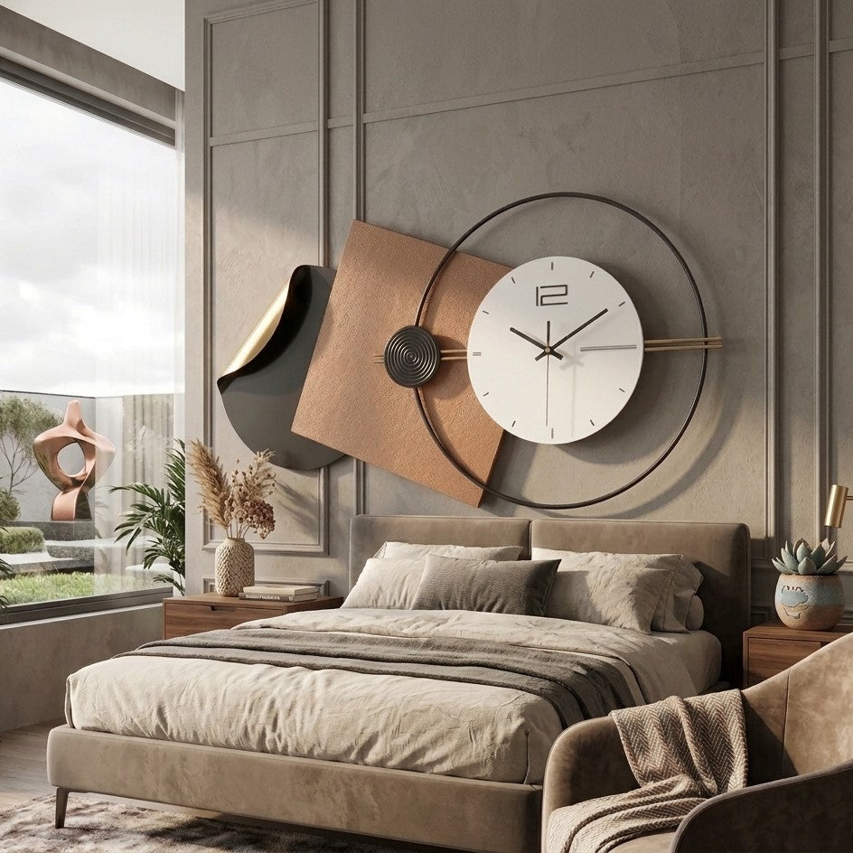 Modern Abstract Geometric Wall Clock with Metal Hoop by writings on the wall