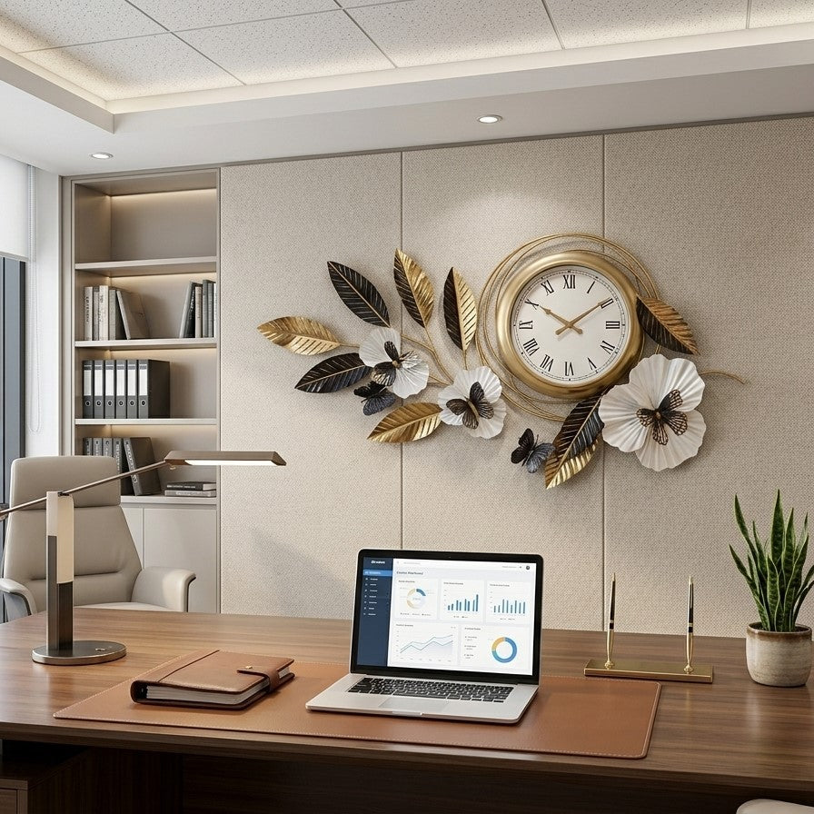 ModernGoldandBlackGinkgoLeafMetalWallArtClock by writings on the wall