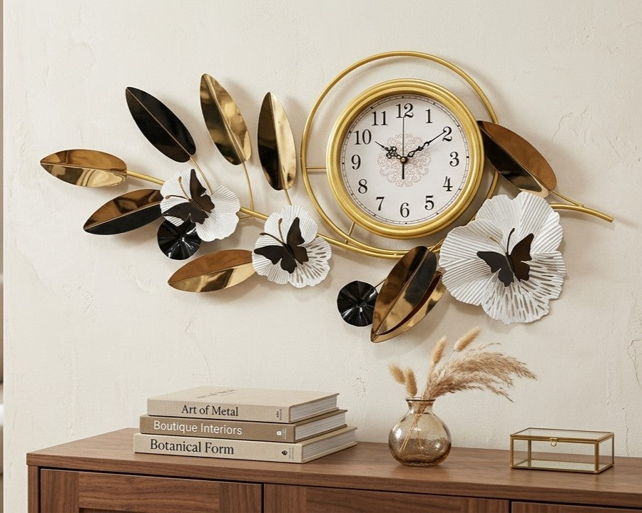 ModernGoldandBlackGinkgoLeafMetalWallArtClock by writings on the wall