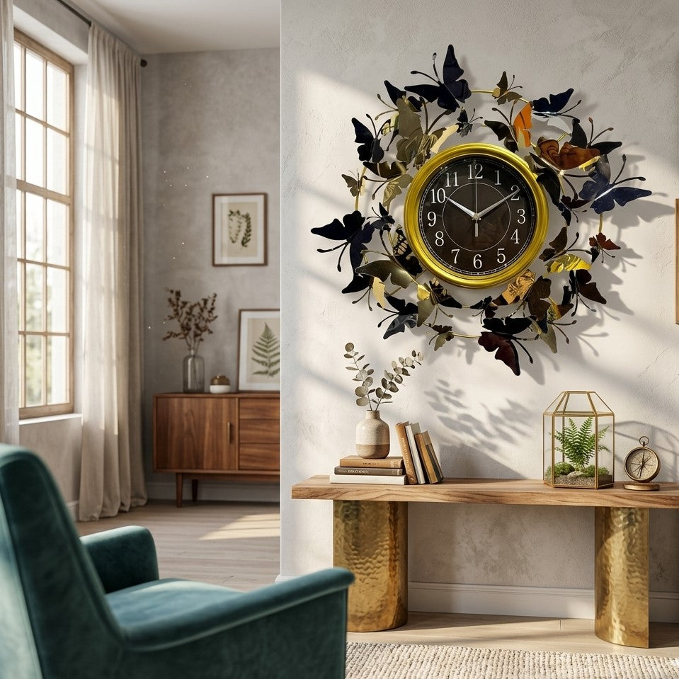 ModernGoldandBlackMetalButterflyArtWallClock by writings on the wall