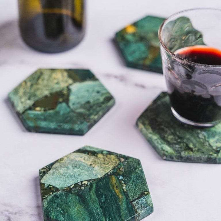 Moss Agate Hexagon Coasters - Set of 4 Writings On The Wall Coasters