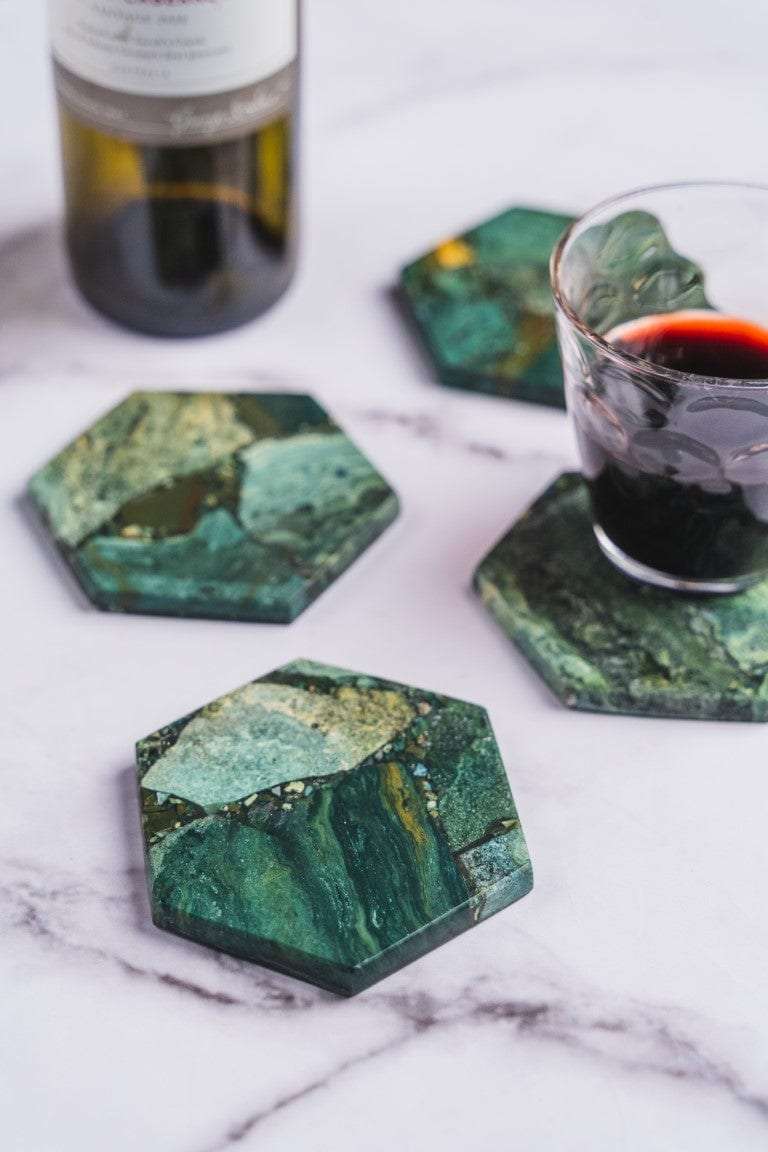 Moss Agate Hexagon Coasters Set of 4 Writings On The Wall