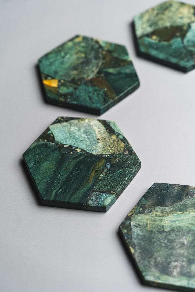 Moss Agate Hexagon Coasters - Set of 4 Writings On The Wall Coasters