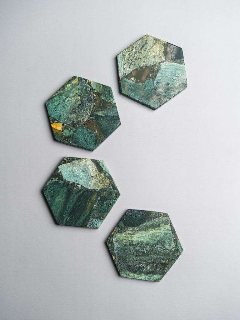 Moss Agate Hexagon Coasters - Set of 4 Writings On The Wall Coasters