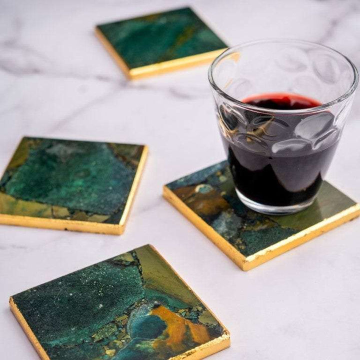 Moss Agate Square Coasters With Golden Leafing - Set of 4 Writings On The Wall bestseller