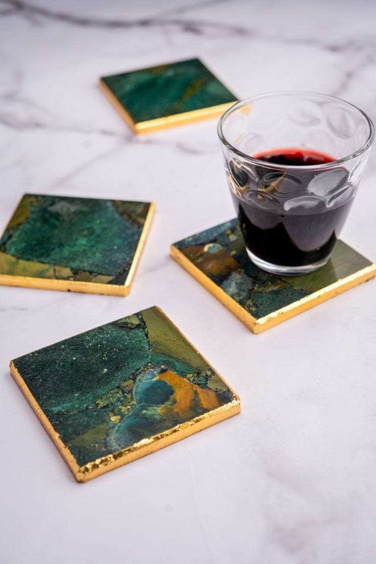 Moss Agate Square Coasters With Golden Leafing - Set of 4 Writings On The Wall bestseller