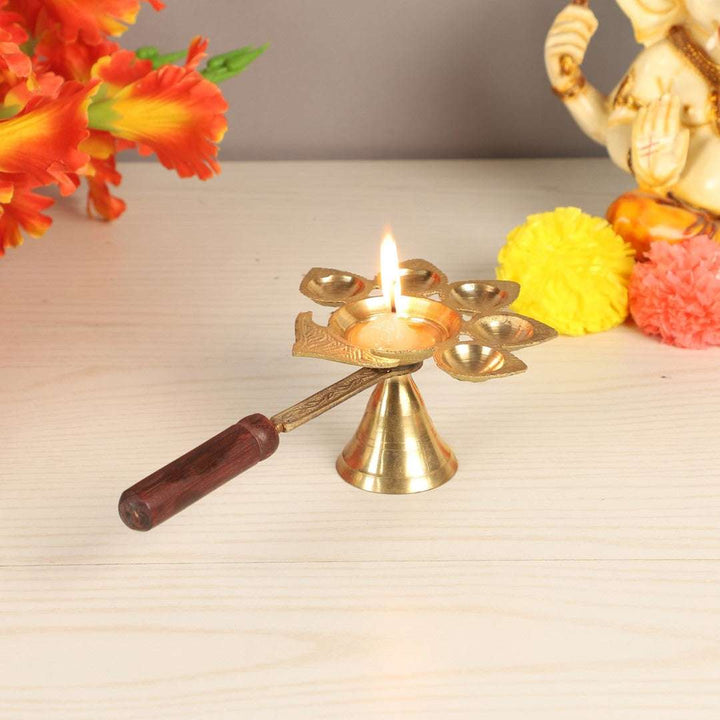 Panch Aarti Brass Diya with Handle Writings On The Wall Diya