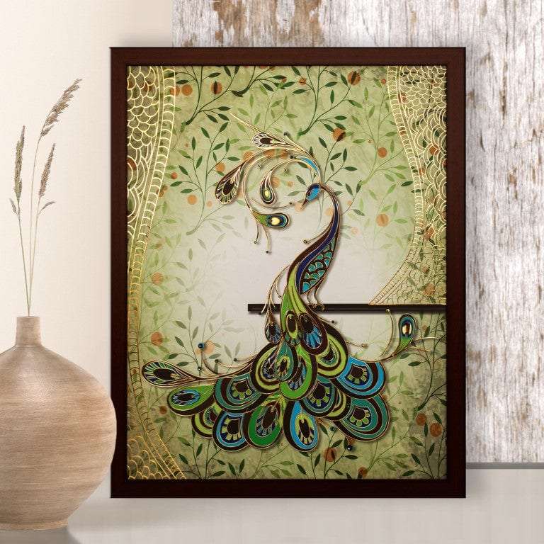 Peacock with Golden Metal Outlines Wall Hanging Writings On The Wall Wall Hanging