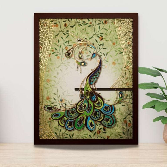 Peacock with Golden Metal Outlines Wall Hanging Writings On The Wall Wall Hanging