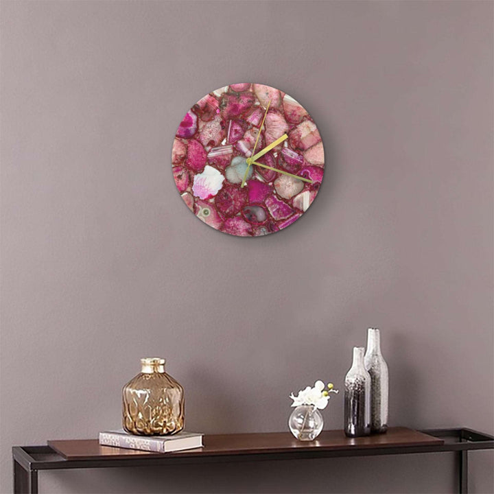 Pink Agate Gemstone Round Clock with Leafing Writings On The Wall gemstone clock