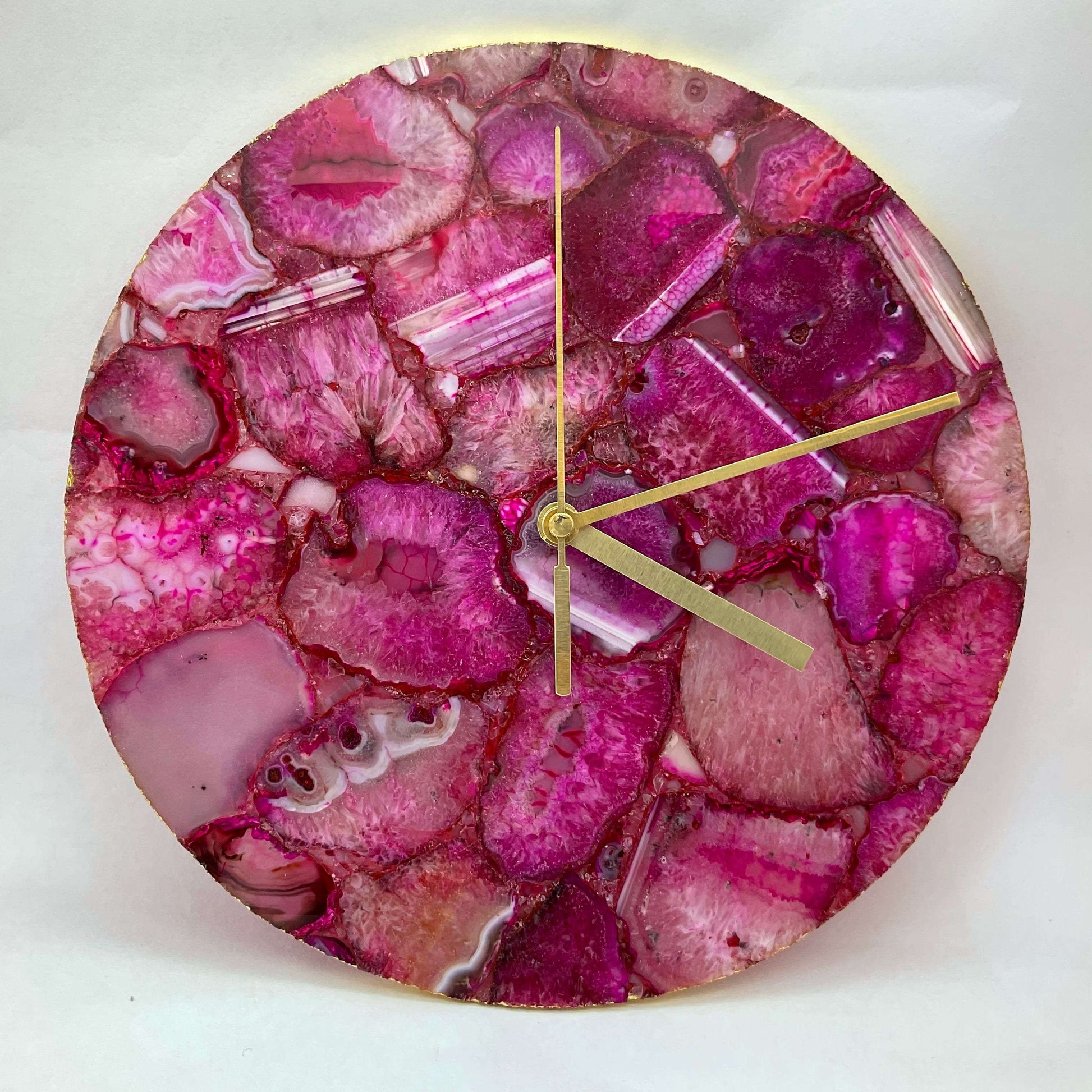 Pink Agate Gemstone Round Clock with Leafing Writings On The Wall gemstone clock