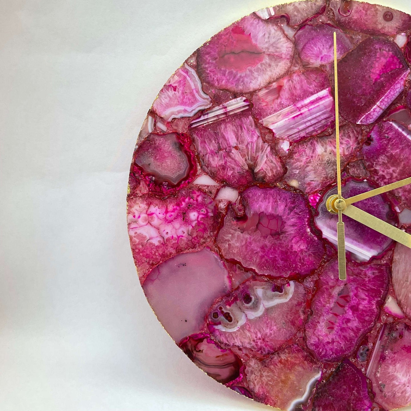 Pink Agate Gemstone Round Clock with Leafing Writings On The Wall gemstone clock