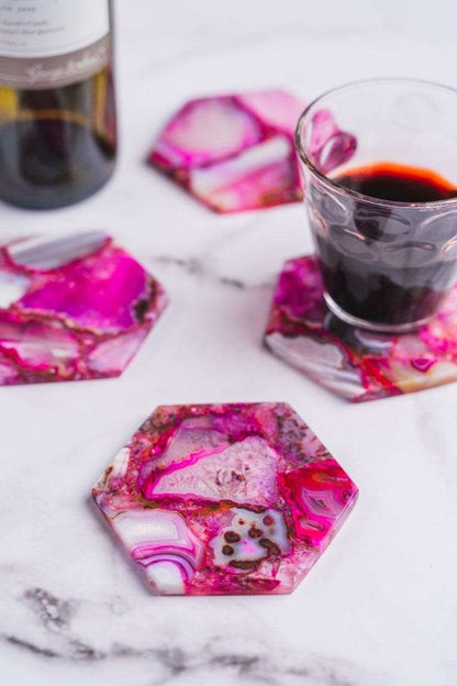 Pink Agate Hexagon Coasters - Set of 4 Writings On The Wall Coasters