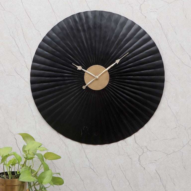 Pleated Black & Gold Designer Wall Clock Writings On The Wall Metal Wall Clock