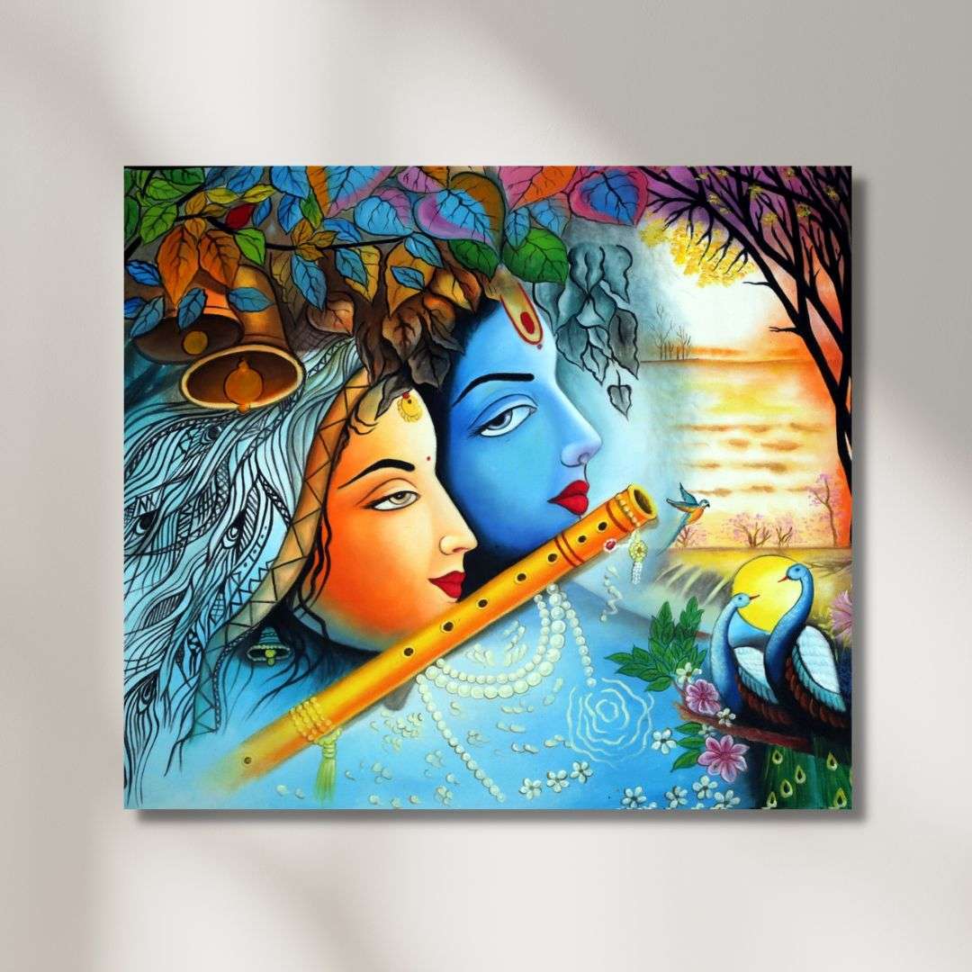 Radha Krishna Handmade Acrylic Painting Writings On The Wall