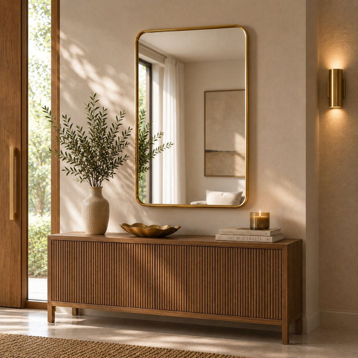 Metal Framed Curved Corner Decorative Wall Mirror