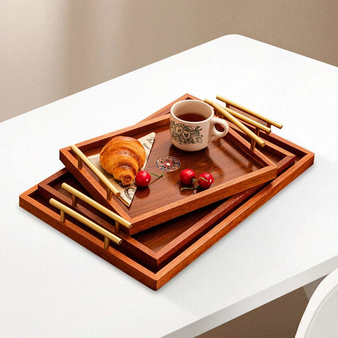 Wooden Serving Tray Set of 3 with Metal Handles - Multi-functional Breakfast, Party & Storage Platters (Brown) Writings On The Wall 