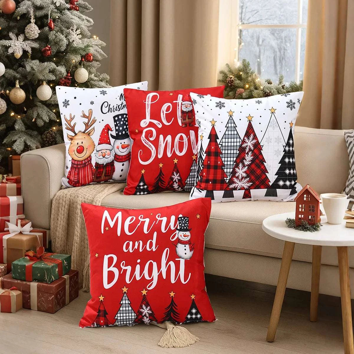 4pcs Merry Christmas Cushion Cover Home Decorations 2025 Christmas Ornament Pillow Case Xmas Navidad Gifts New Year Gifts 2026 Writings On The Wall 