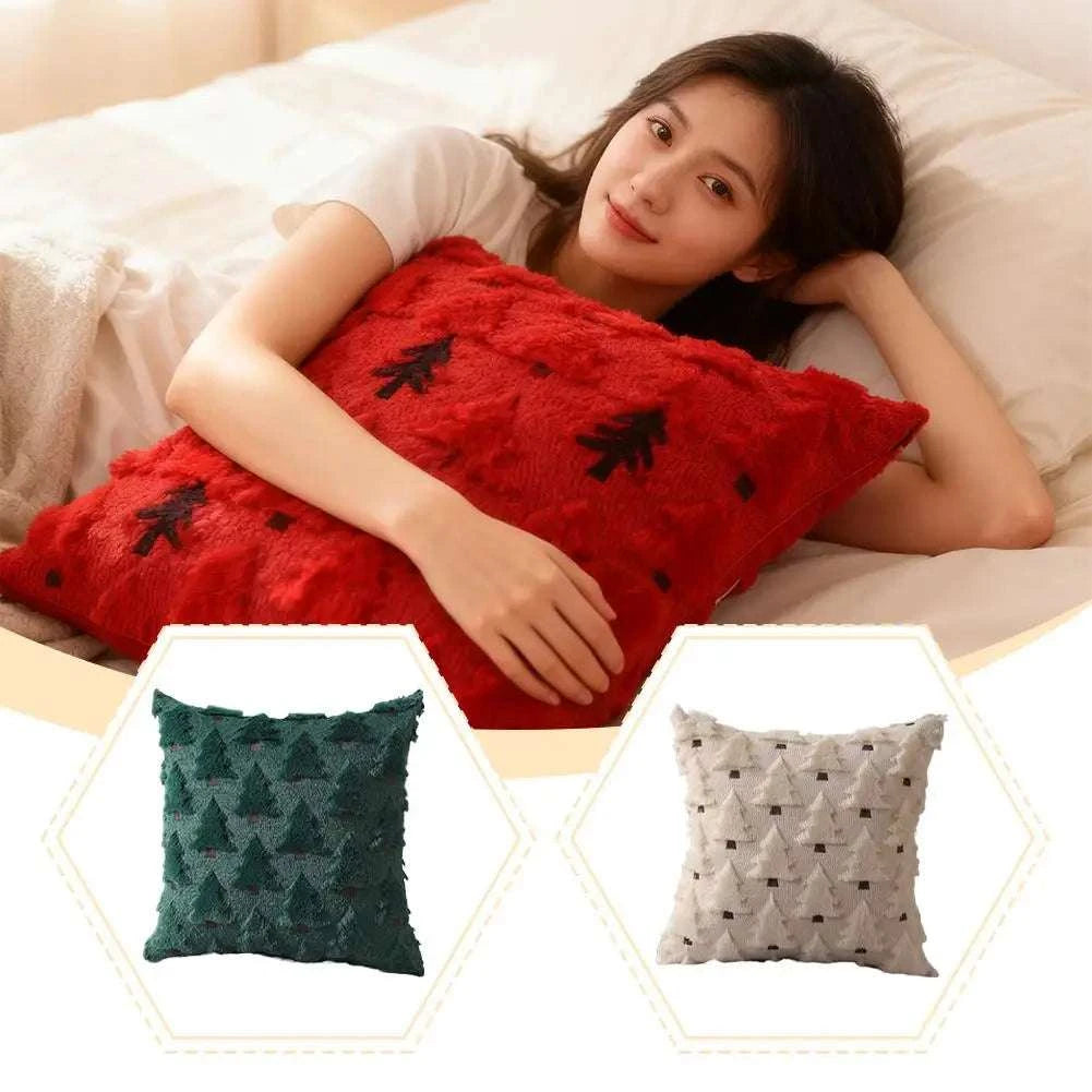 2Pcs 3D Plush Embroidery Christmas Tree Pillowcases Soft Comfortable Shape-resistant Simple Temperament Velvet Pillowcases Writings On The Wall 