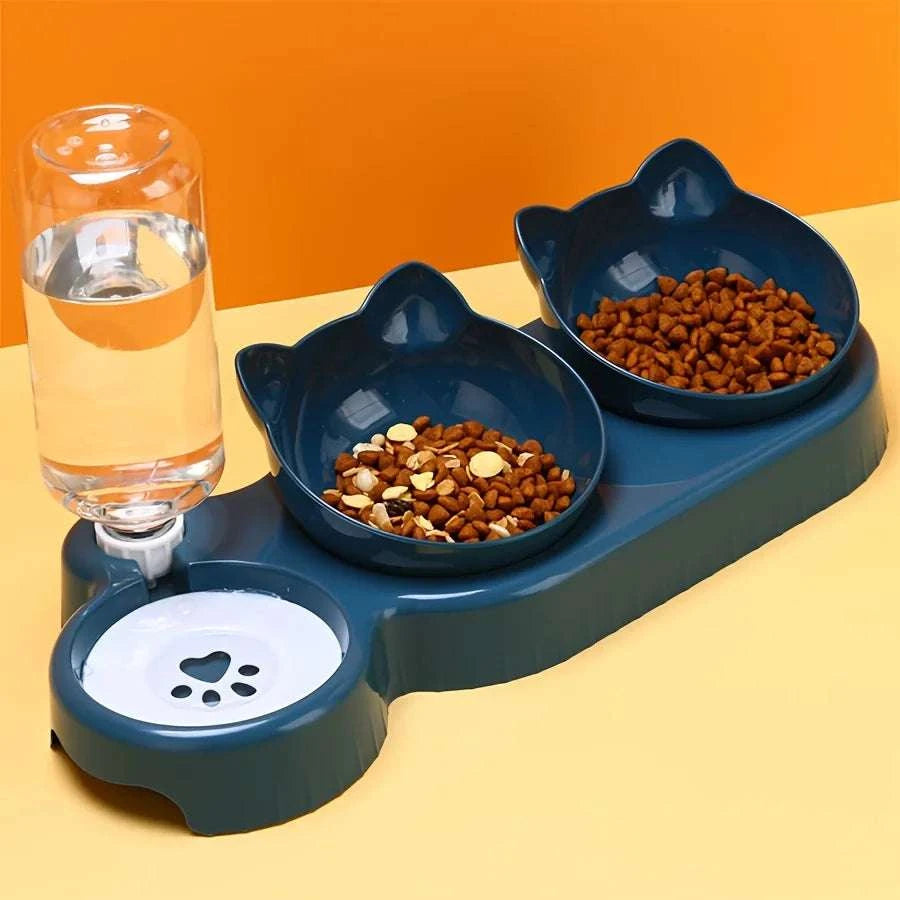 Pet Bowls With Water Feeder, 3 In 1 Ear Design Tilted Cat Water And Food Bowl Set With Gravity Water Bottle For Neck Protection Writings On The Wall 