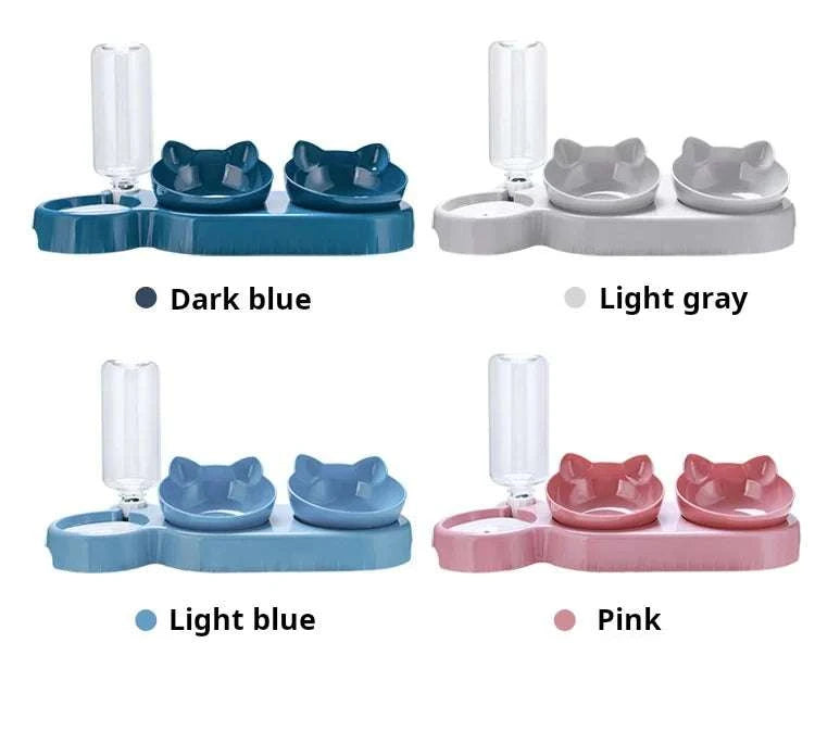 Pet Bowls With Water Feeder, 3 In 1 Ear Design Tilted Cat Water And Food Bowl Set With Gravity Water Bottle For Neck Protection Writings On The Wall 