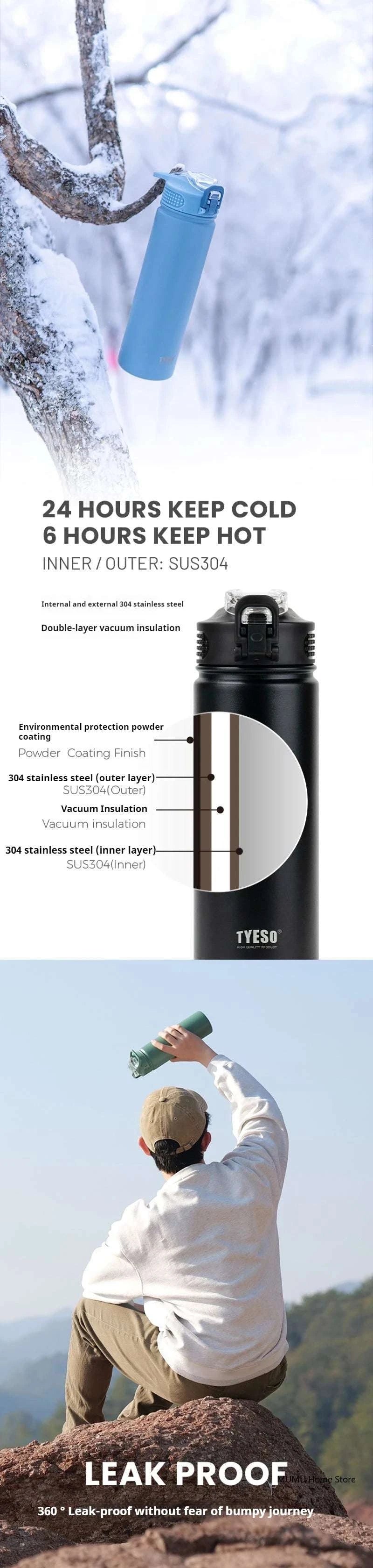 TYESO 600/750ML Thermos Bottle With Straw Stainless Steel Car Thermal Cup Sports Water Bottles Keeps Cold and Heat Thermal Mug Writings On The Wall 