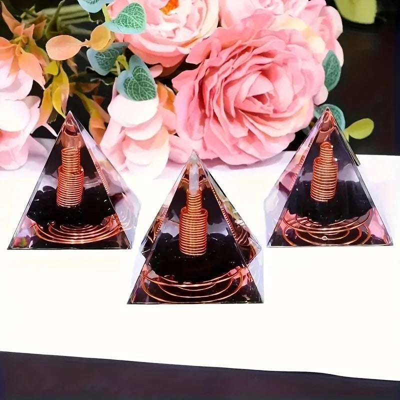 1pc Orgonite Pyramid With Obsidian, Energy For Yoga, Crystal Gifts, Crystals For Home Office Decoration, Balance Your Energy Writings On The Wall 