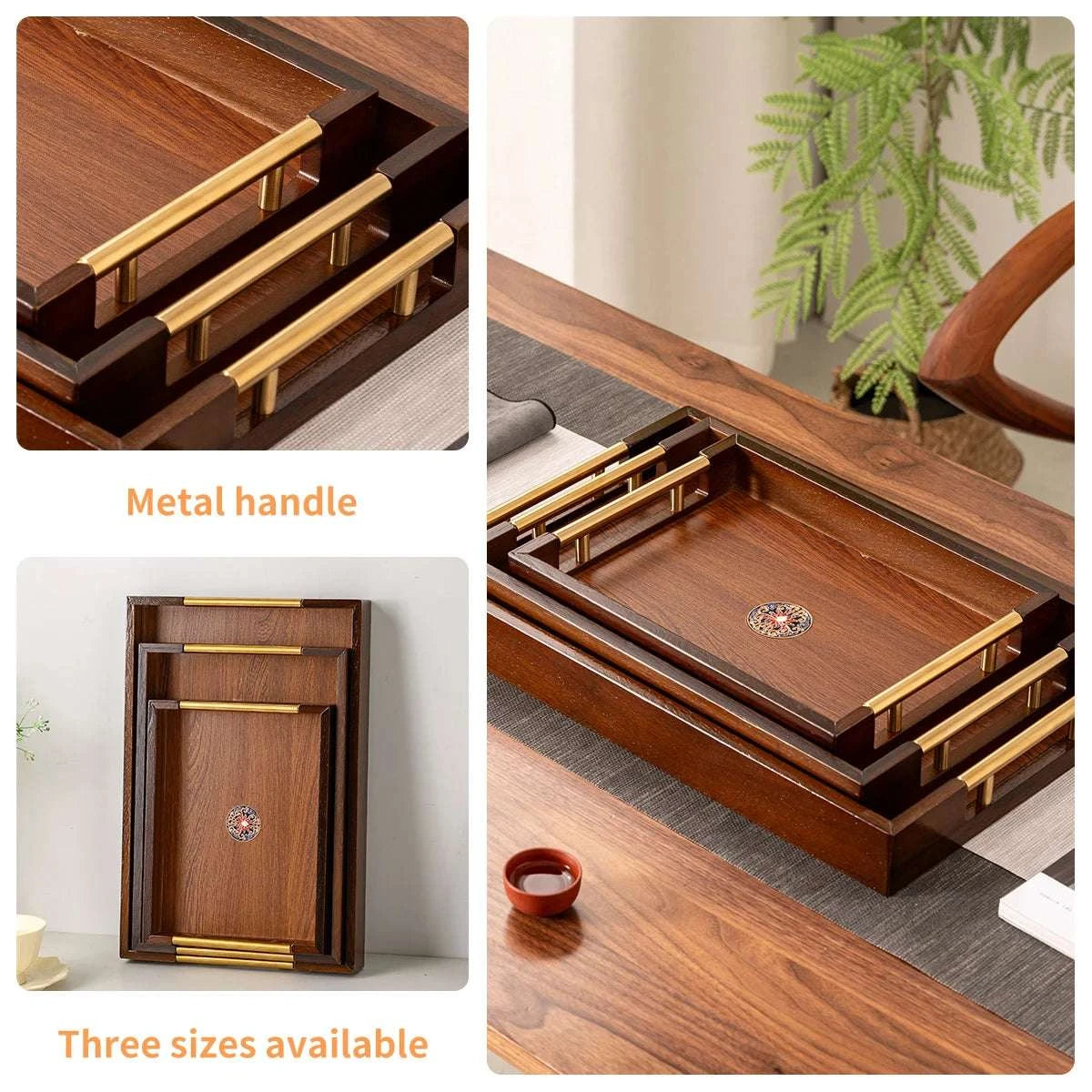 Solid Wood Rectangle Serving Tray with Gold Metal Handles - Coffee Table Ottoman Kitchen Decor 17.7x11.8'' Brown Writings On The Wall 