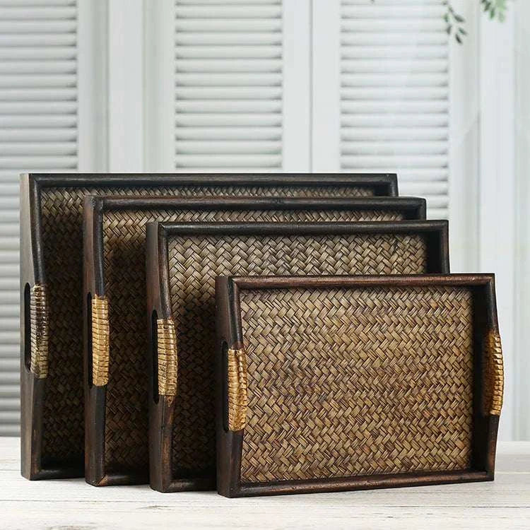 Wooden Tray Thai Rattan Beauty Salon Tray Hotel Rectangular Water Cup Tea Cup Storage Tea Tray Writings On The Wall 