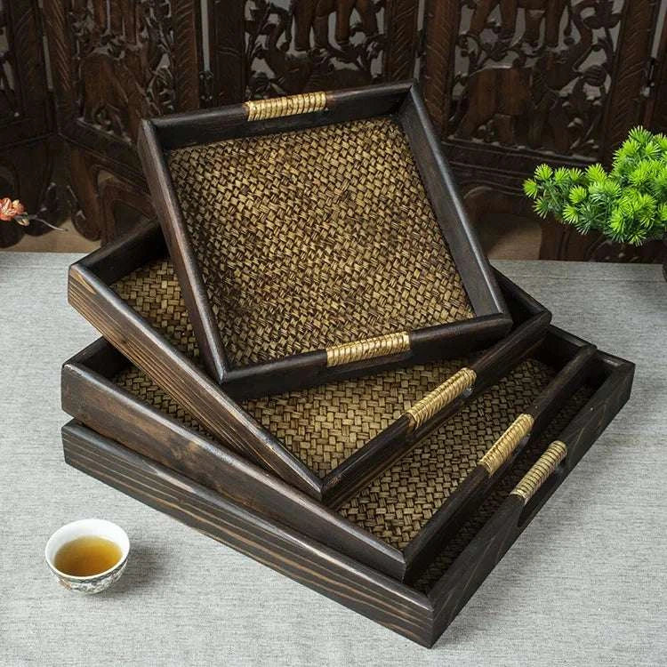 Wooden Tray Thai Rattan Beauty Salon Tray Hotel Rectangular Water Cup Tea Cup Storage Tea Tray Writings On The Wall 
