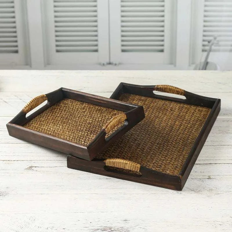 Wooden Tray Thai Rattan Beauty Salon Tray Hotel Rectangular Water Cup Tea Cup Storage Tea Tray Writings On The Wall 