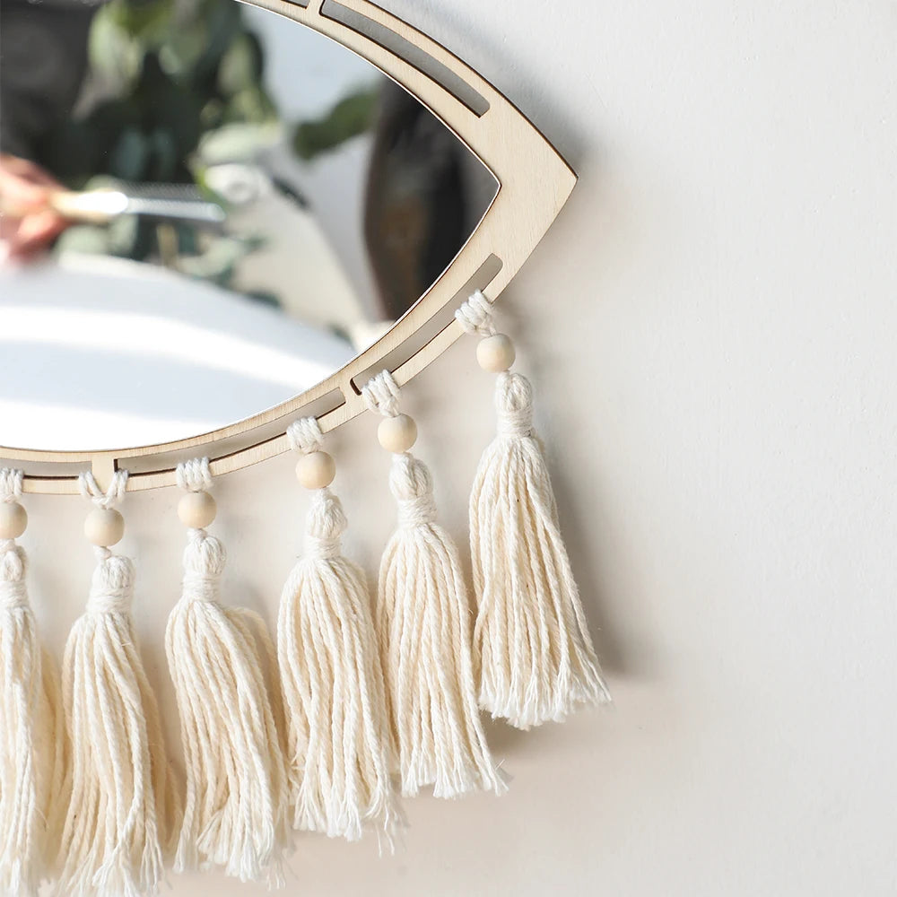 Macrame Mirror Eye Decorative Mirrors Wooden Home Wall Decor Boho Evil Eye Makeup Mirror Bedroom Living Room Tassel Decoration