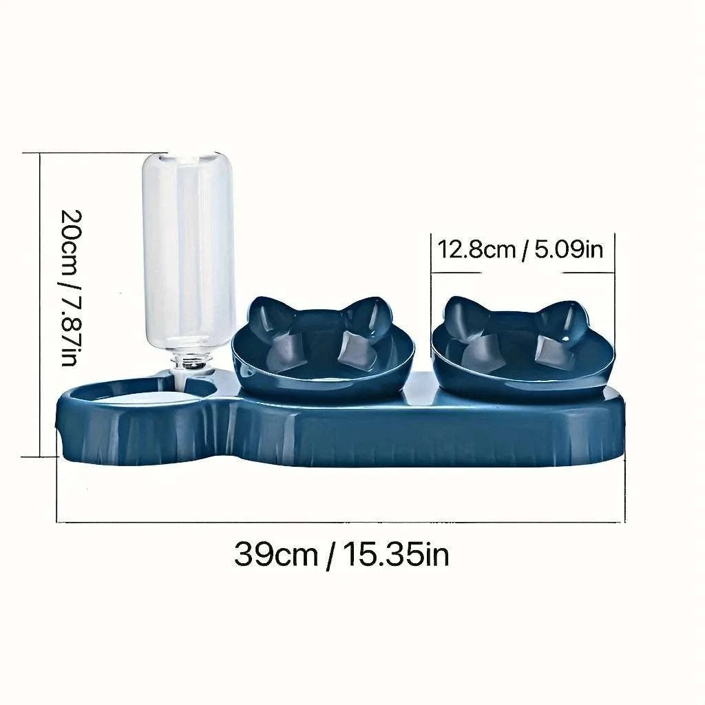 Pet Bowls With Water Feeder, 3 In 1 Ear Design Tilted Cat Water And Food Bowl Set With Gravity Water Bottle For Neck Protection Writings On The Wall 