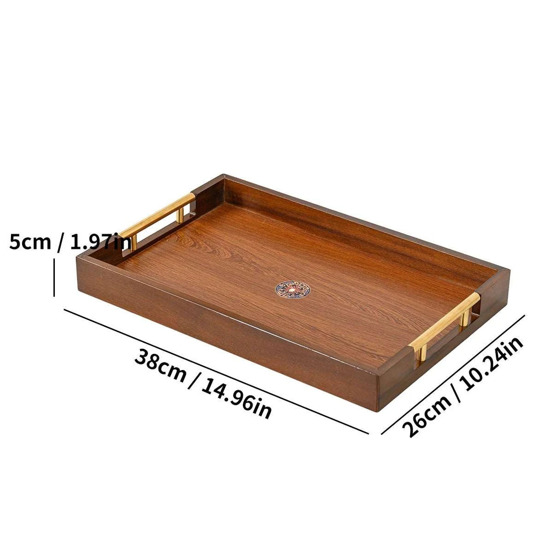 Solid Wood Rectangle Serving Tray with Gold Metal Handles - Coffee Table Ottoman Kitchen Decor 17.7x11.8'' Brown Writings On The Wall 