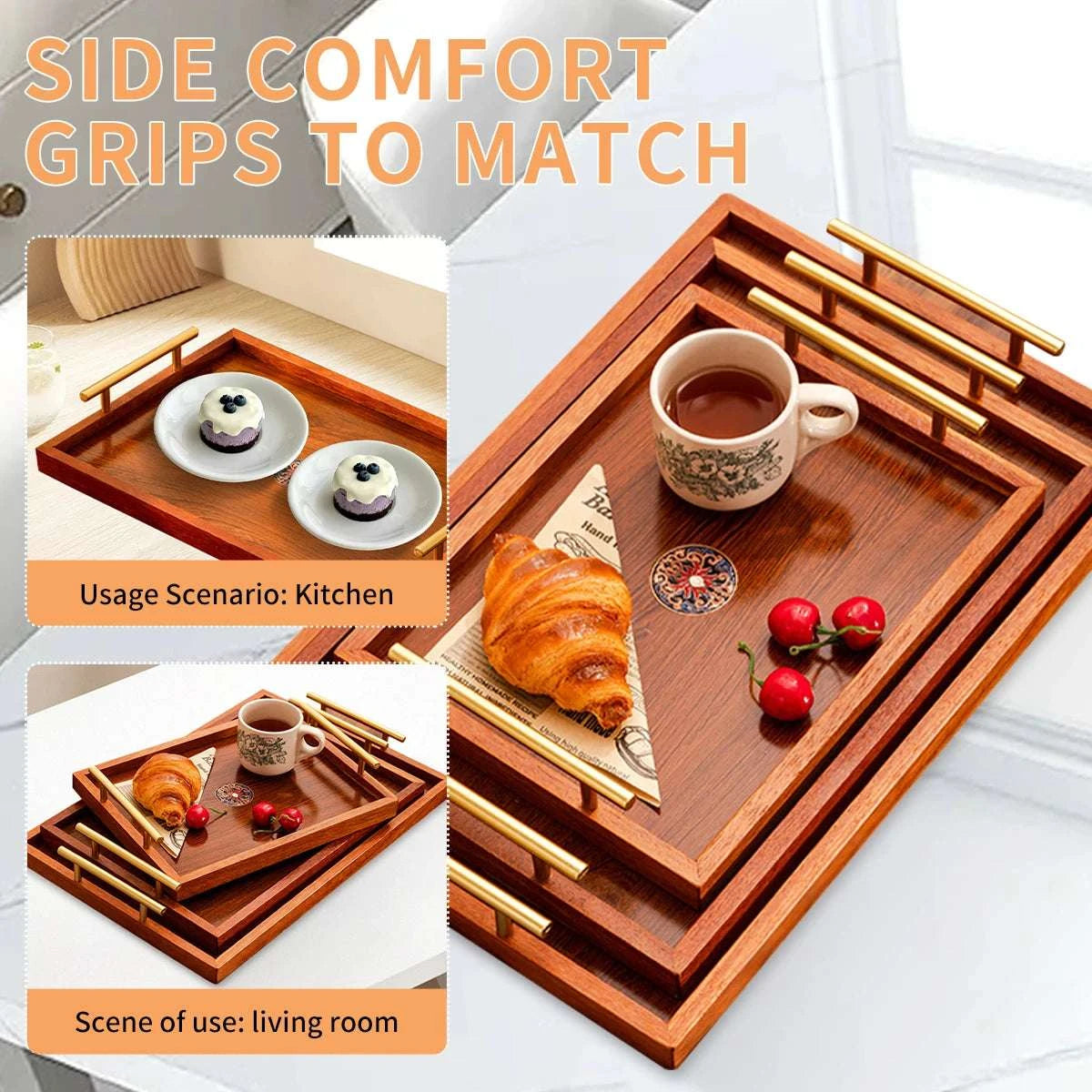 Wooden Serving Tray Set of 3 with Metal Handles - Multi-functional Breakfast, Party & Storage Platters (Brown) Writings On The Wall 