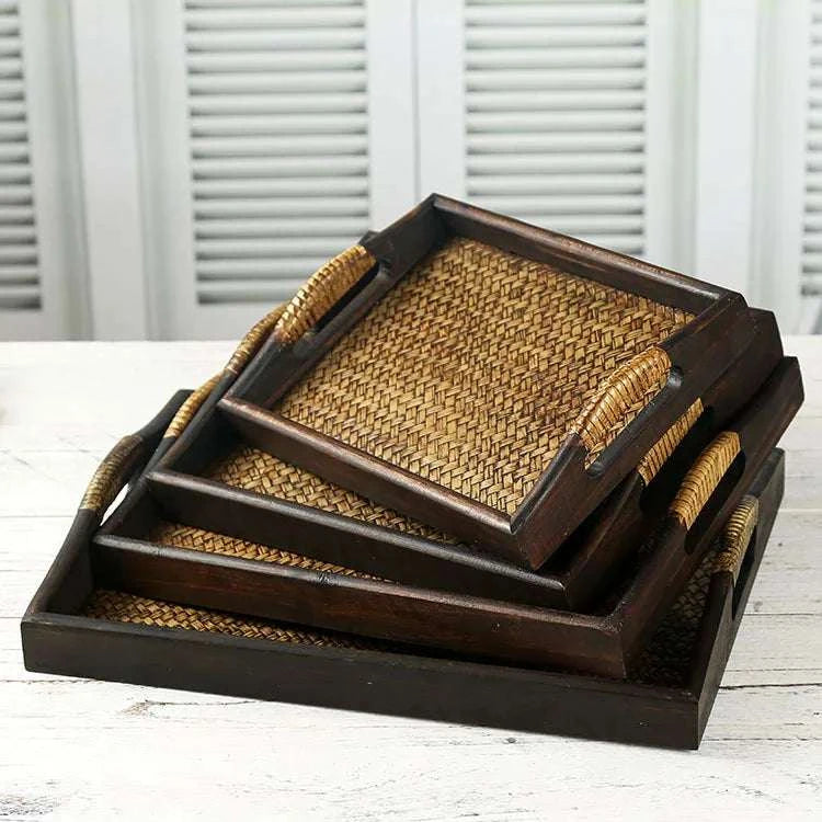 Wooden Tray Thai Rattan Beauty Salon Tray Hotel Rectangular Water Cup Tea Cup Storage Tea Tray Writings On The Wall 