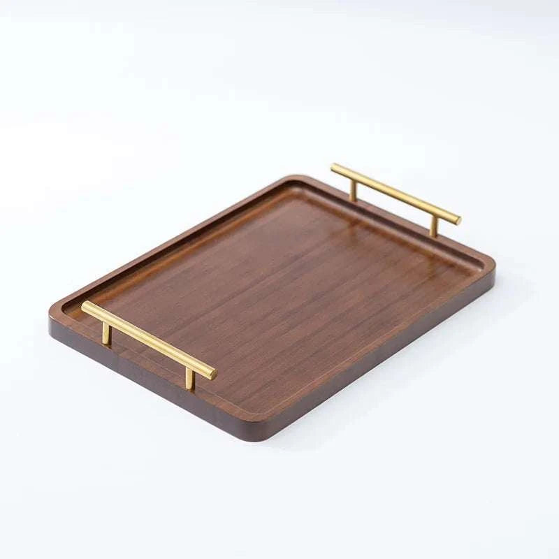 HeMu-Right Angled Bamboo Tray Handle, New Chinese Tea Set Bamboo Hotel Small Tea Tray Wooden Family Breakfast Tray Metal Handle Writings On The Wall 