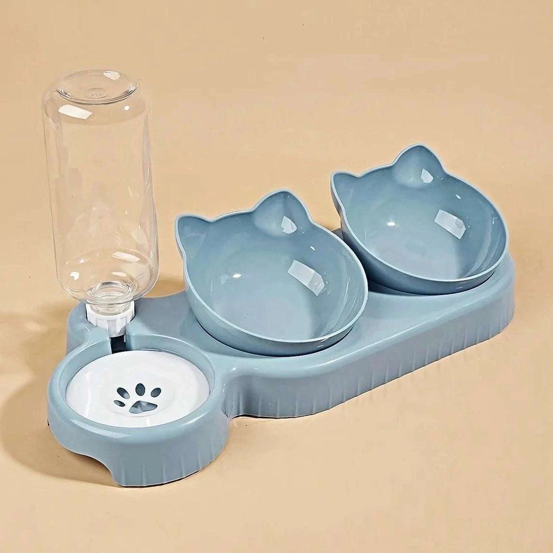 Pet Bowls With Water Feeder, 3 In 1 Ear Design Tilted Cat Water And Food Bowl Set With Gravity Water Bottle For Neck Protection Writings On The Wall 