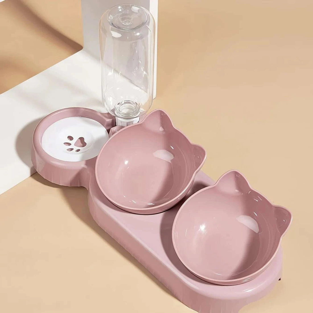 Pet Bowls With Water Feeder, 3 In 1 Ear Design Tilted Cat Water And Food Bowl Set With Gravity Water Bottle For Neck Protection Writings On The Wall 