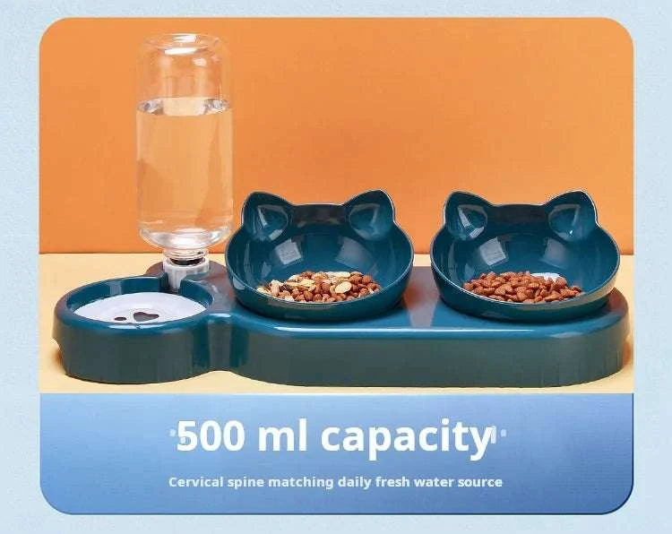 Pet Bowls With Water Feeder, 3 In 1 Ear Design Tilted Cat Water And Food Bowl Set With Gravity Water Bottle For Neck Protection Writings On The Wall 