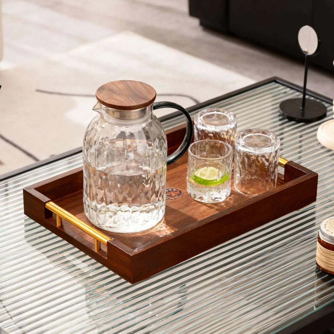 Solid Wood Rectangle Serving Tray with Gold Metal Handles - Coffee Table Ottoman Kitchen Decor 17.7x11.8'' Brown Writings On The Wall 